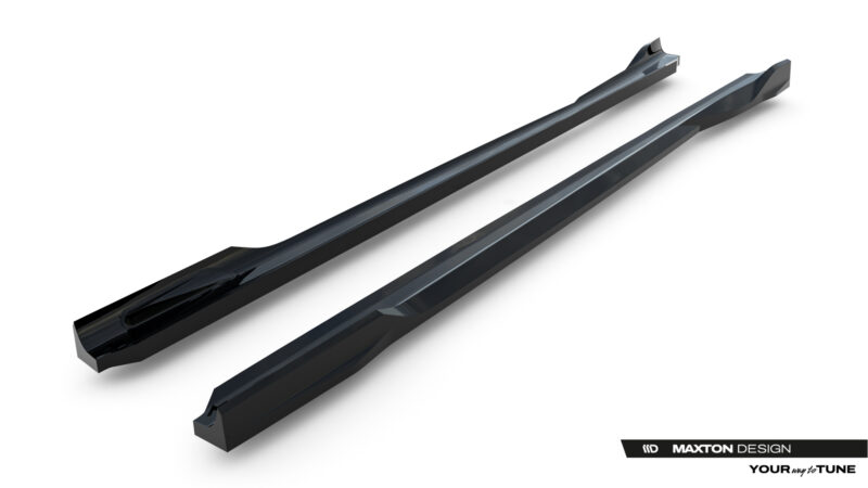 Two glossy black roof rails stretch diagonally across a white background, branded by Maxton Design in the corner.