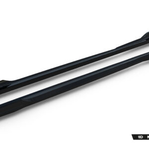 Two glossy black automotive side skirts laid diagonally across a white background with Maxton Design branding in the corner.