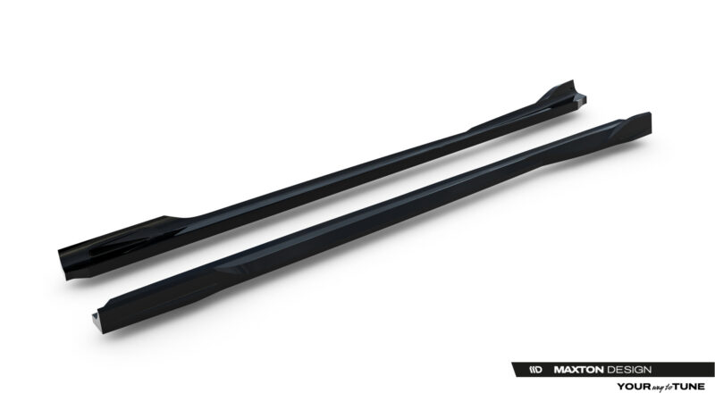 Two glossy black automotive side skirts laid diagonally across a white background with Maxton Design branding in the corner.