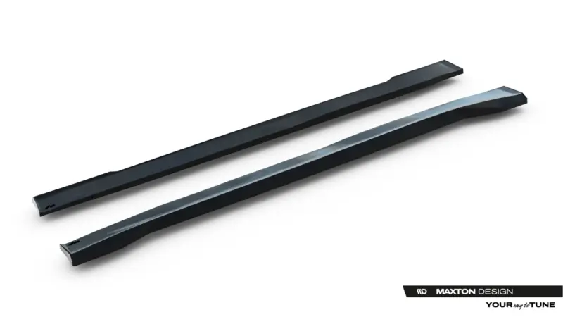 Pair of black roof crossbars for a car, shown diagonally on a white background, with Maxton Design logo in the corner.