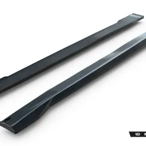 Two long, glossy black automotive side sill extensions laid diagonally on a white background, Maxton Design branding visible in the corner.