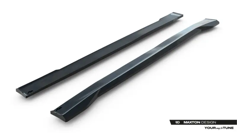 Two long, glossy black automotive side sill extensions laid diagonally on a white background, Maxton Design branding visible in the corner.