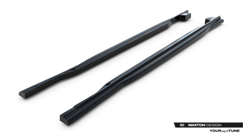 Pair of black roof rack crossbars laid diagonally on a white background, with Maxton Design branding visible at the bottom right.