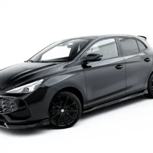 Front three-quarter view of a dark gray sport hatchback with black alloy wheels against a white background, showing its aggressive front grille and sleek lines.