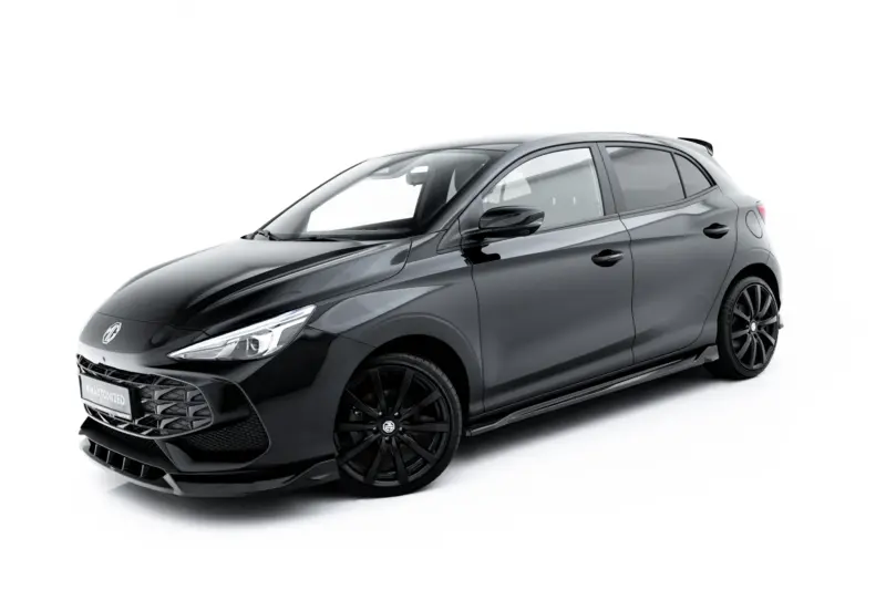 Front three-quarter view of a dark gray sport hatchback with black alloy wheels against a white background, showing its aggressive front grille and sleek lines.