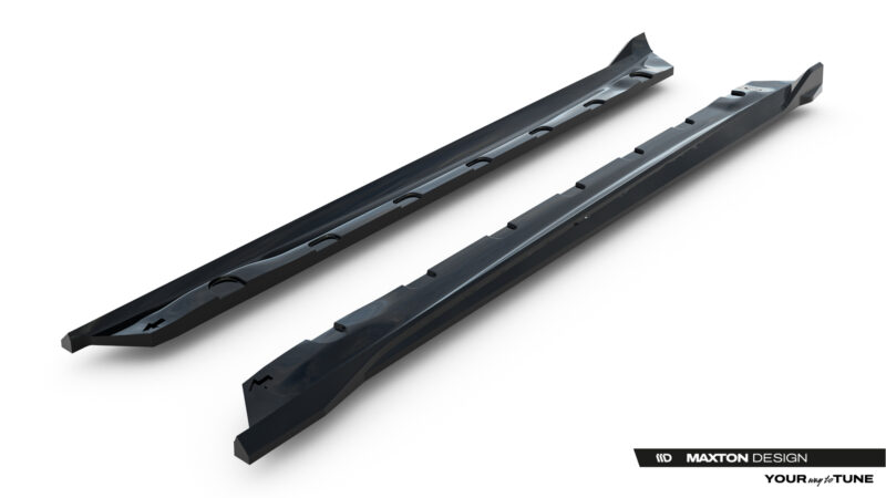 Two black elongated car roof rails with mounting slots, shown at an angle on a white background; Maxton Design branding visible in the corner.