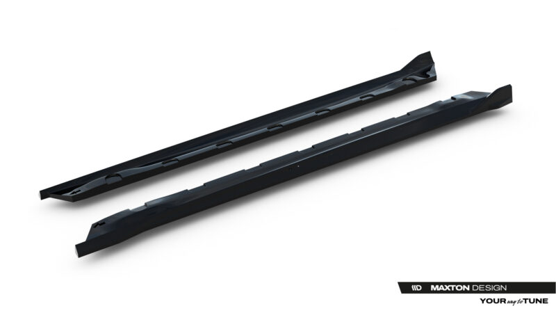 Long black car roof rails with mounting slots, positioned diagonally on a white background; Maxton Design branding visible at corner