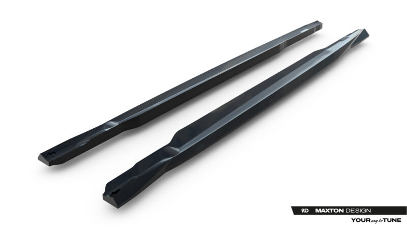 pol_po_Side-Skirts-Diffusers-Mercedes-AMG-C63-Sedan-Estate-W206-S206-23827_3jpg - OPSHOLDERS Pair of long, dark automotive aero strips (side skirts/extension pieces) shown diagonally on a white studio background; Maxton Design branding visible in the corner.