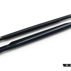 Pair of black car side skirts laid diagonally on a white background, Maxton Design branding visible on the lower right edge.