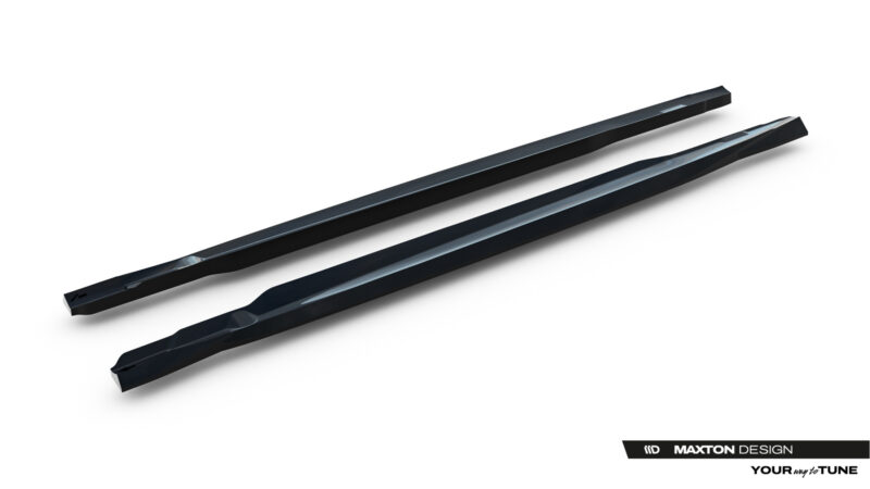 pol_po_Side-Skirts-Diffusers-Mercedes-AMG-C63-Sedan-Estate-W206-S206-23827_4jpg - OPSHOLDERS Pair of black car side skirts laid diagonally on a white background, Maxton Design branding visible on the lower right edge.