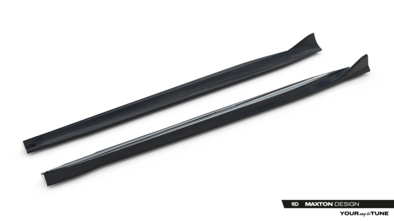 Two long black automotive trim pieces laid diagonally on a white background, likely side-sill/edge moldings from a Maxton Design body kit.