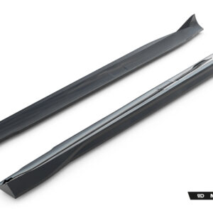 Two dark gray car side skirts laid diagonally on a white background, with Maxton Design branding in the corner to indicate the product.