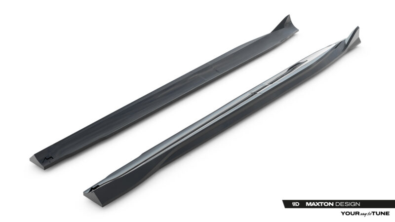 Two dark gray car side skirts laid diagonally on a white background, with Maxton Design branding in the corner to indicate the product.