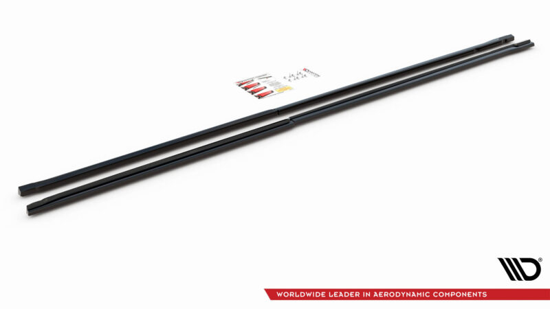 Pair of black windshield wiper blades laid diagonally on a white background, brand logo in the lower right corner.