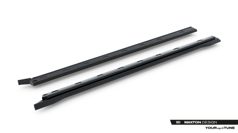 Pair of black car side skirts with mounting clips laid diagonally on a white background, Maxton Design product shot