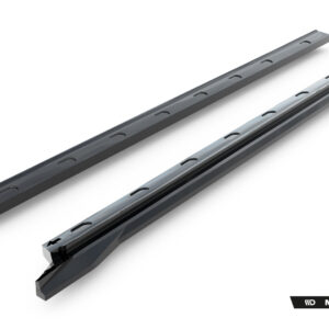 Two glossy dark-gray metal rails with oval slots, laid diagonally on a white background.