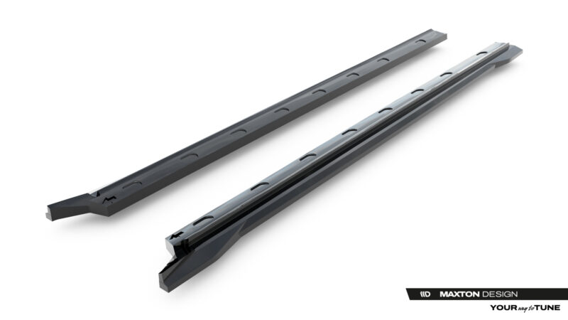 Two glossy dark-gray metal rails with oval slots, laid diagonally on a white background.