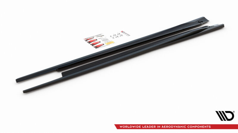 Diagonal view of two dark windshield wiper blades with a small instruction card and screws on a white background; brand logo visible bottom-right corner.
