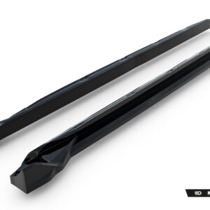 Two black glossy automotive side skirts shown diagonally on a white background, with Maxton Design branding in the bottom-right corner.
