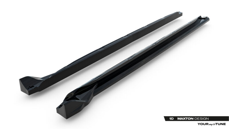 Two black glossy automotive side skirts shown diagonally on a white background, with Maxton Design branding in the bottom-right corner.