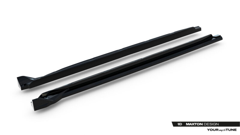 Two long, glossy black car body panels with angular ends placed diagonally on a white background; branding reads Maxton Design in the bottom corner.
