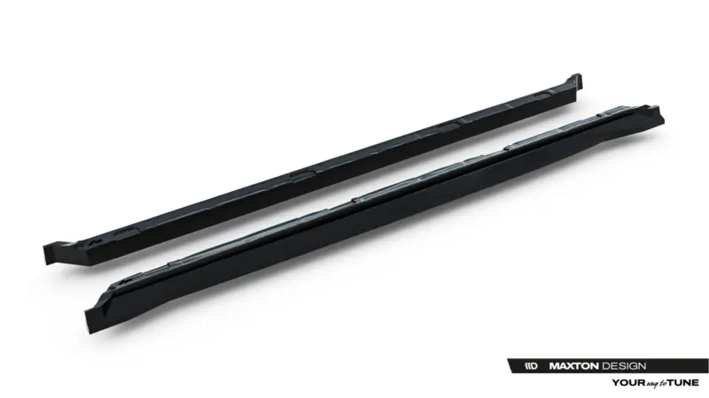 Two black car side skirts laid diagonally on a white background, with Maxton Design branding in the corner.