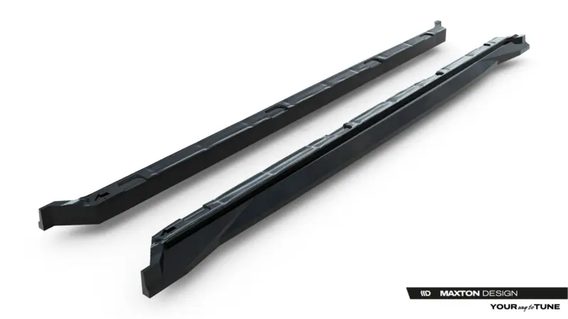 Two long black automotive side skirts with a glossy finish, displayed diagonally on a white background, with a Maxton Design logo in the bottom-right corner.