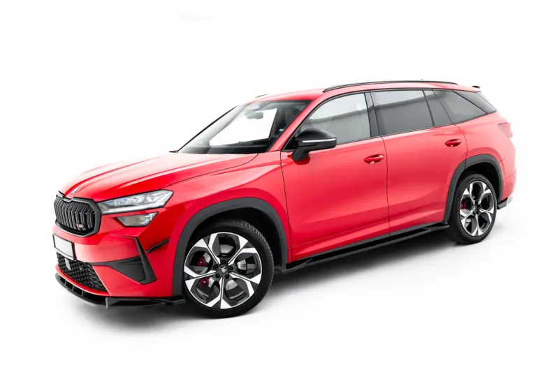 Front-left angled view of a red SUV showing grille, headlight, and alloy wheels on a white background.