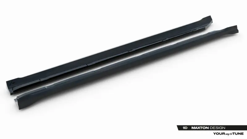 Pair of black car side skirts shown diagonally on a white background with Maxton Design branding visible at the bottom right.