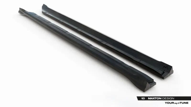 Two dark angular car side skirts laid diagonally on a white background with Maxton Design branding at the bottom right.
