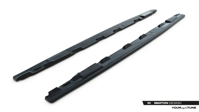 Two dark roof rack crossbars with integral mounting slots, angled diagonally on a white background (Maxton Design).