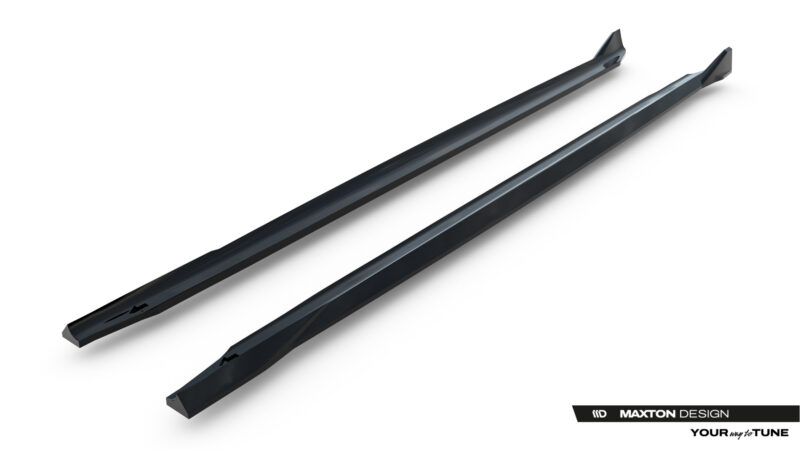 pol_po_Side-Skirts-Diffusers-V-2-BMW-M5-F90-23921_5jpg - OPSHOLDERS Two black roof rack crossbars on a white background, angled diagonally, with Maxton Design branding in the bottom-right corner.