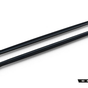 Two black windshield wiper blades positioned diagonally on a white background.