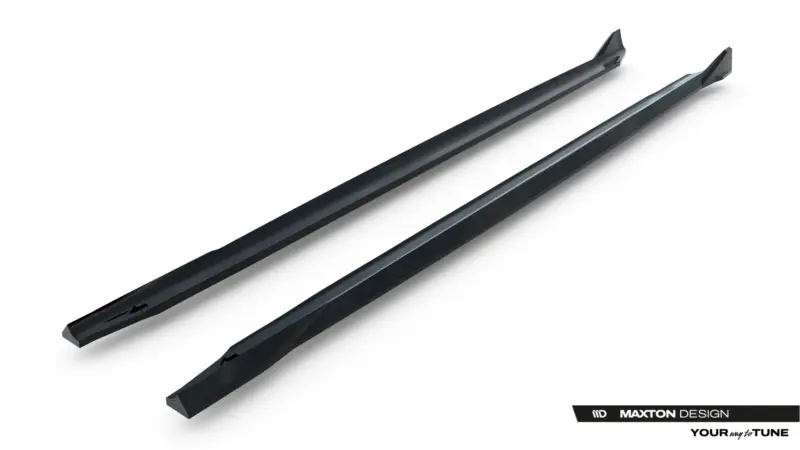 Two black glossy car side skirts photographed diagonally on a white background, with the Maxton Design logo visible in the corner.