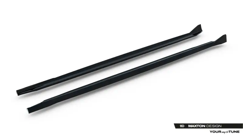 Pair of glossy black car roof rails shown diagonally on a white background, with Maxton Design branding in the bottom-right corner.