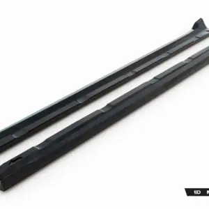Two black automotive side rail pieces laid diagonally on a white background, with Maxton Design branding—car body kit components.