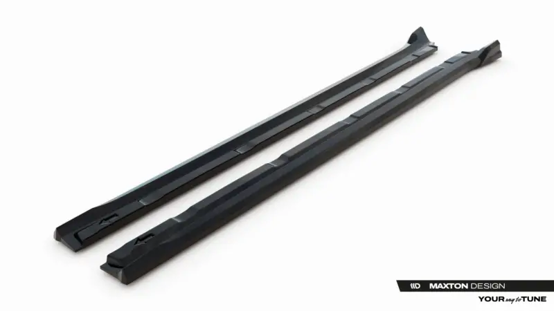 Two black automotive side rail pieces laid diagonally on a white background, with Maxton Design branding—car body kit components.