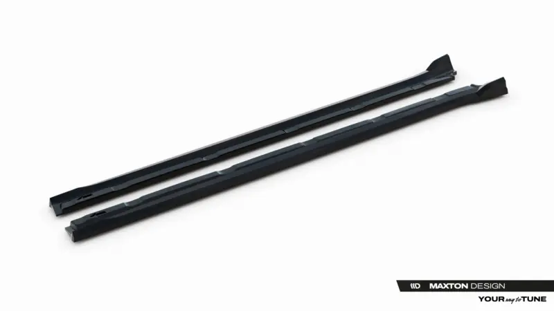 Pair of black car windshield wiper blades with angular segments, diagonally laid on a white background; Maxton Design branding in the corner.