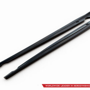 Two black windshield wiper blades laid diagonally on a white background, with a red banner and brand logo in the lower-right corner.
