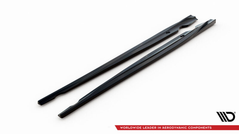 Two black windshield wiper blades laid diagonally on a white background, with a red banner and brand logo in the lower-right corner.