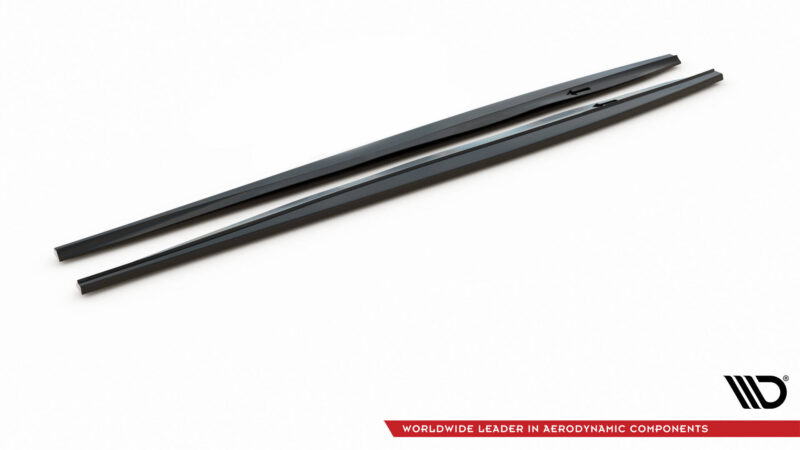Two black aerodynamic roof crossbars lying diagonally on a white background, with brand logo in the bottom-right corner.