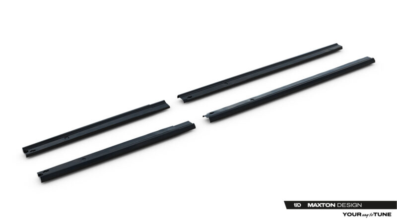 pol_po_Side-Skirts-Diffusers-Volkswagen-Transporter-L1-T7-23939_1jpg - OPSHOLDERS Black car roof rack rails laid diagonally on a white background, with a Maxton Design logo in the bottom-right corner.
