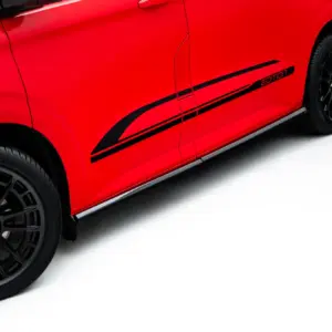 Red sports car side with bold black racing stripes and an 'Edition' badge, black multi-spoke wheels visible at front and rear.