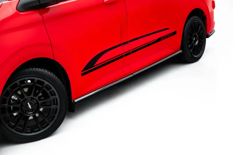 pol_po_Side-Skirts-Diffusers-Volkswagen-Transporter-L1-T7-23939_4webp - OPSHOLDERS Red sports car side with bold black racing stripes and an 'Edition' badge, black multi-spoke wheels visible at front and rear.