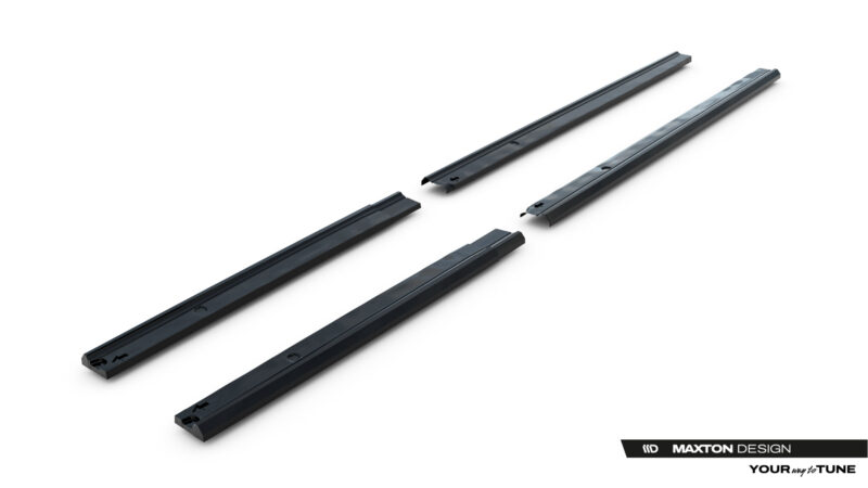 pol_po_Side-Skirts-Diffusers-Volkswagen-Transporter-L1-T7-23939_5jpg - OPSHOLDERS Four black metal rails laid diagonally on a white background, part of a Maxton Design tuning kit.