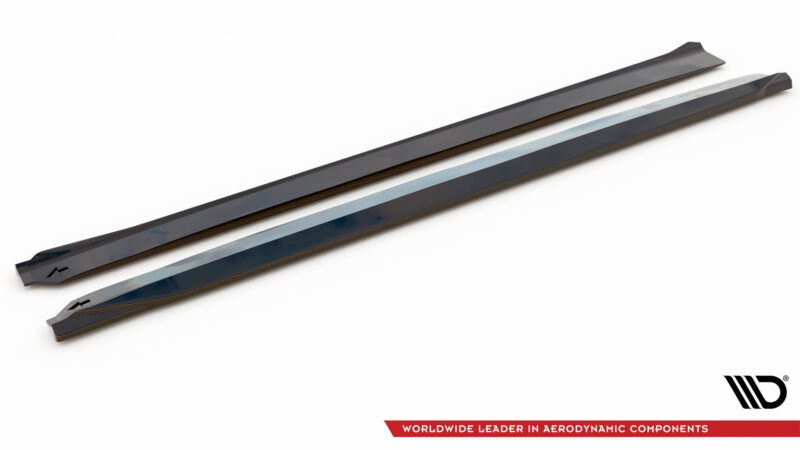 Pair of aerodynamic windshield wiper blades laid diagonally on a white background with a logo in the bottom-right corner