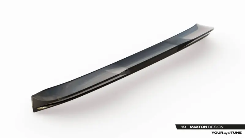 pol_po_Spoiler-Cap-3D-Porsche-Cayenne-SUV-Mk3-Facelift-23885_3webp - OPSHOLDERS Promotional image of a long, glossy black car aero part (likely a side skirt or spoiler) angled diagonally, with Maxton Design branding visible below.