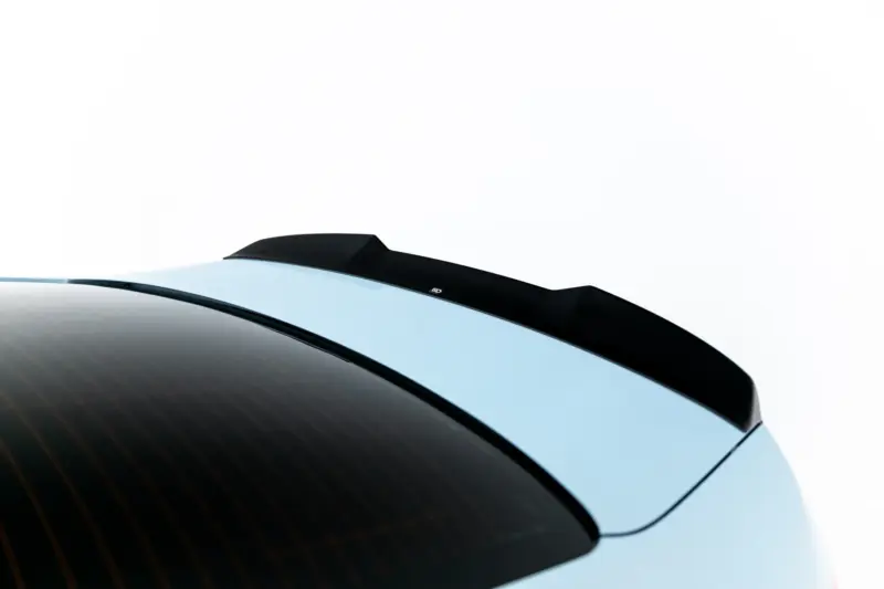 Close-up of a car roof edge showing a black rear spoiler above a tinted rear window against a pale sky.
