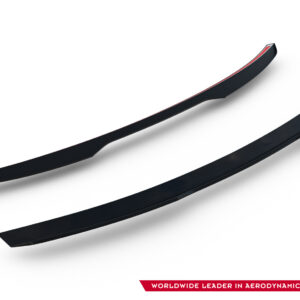 Two curved black aerodynamic components (spoilers/splitters) displayed diagonally on white, with a red banner at bottom reading 'Worldwide Leader in Aerodynamic Components' and a WD-style logo nearby.