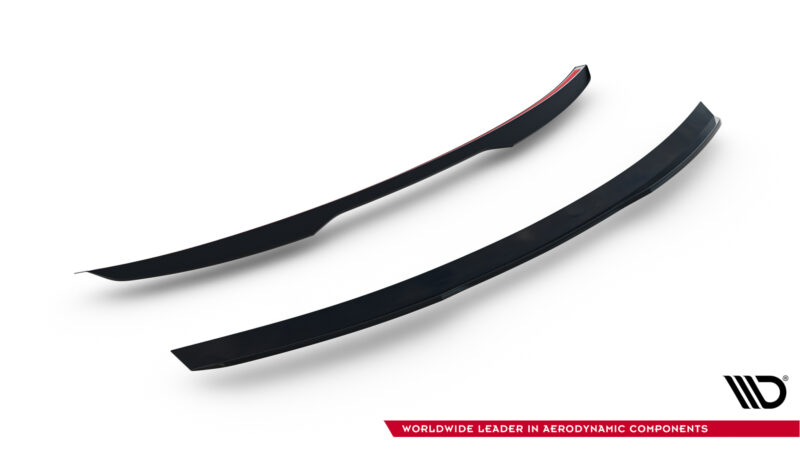 Two curved black aerodynamic components (spoilers/splitters) displayed diagonally on white, with a red banner at bottom reading 'Worldwide Leader in Aerodynamic Components' and a WD-style logo nearby.